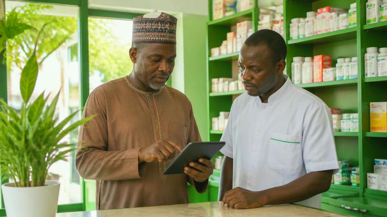 A supervisor ticking rows on a printed checklist held on a clipboard, a small boxed diagnostic test on the counter beside it