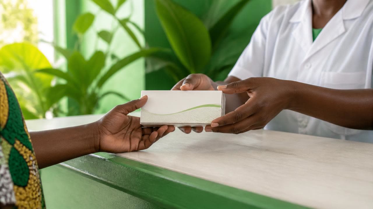 A dispenser handing a boxed antimalarial course across a counter to a customer