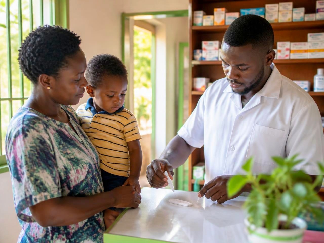A mother holding her young child at a pharmacy counter while the vendor prepares a rapid malaria test