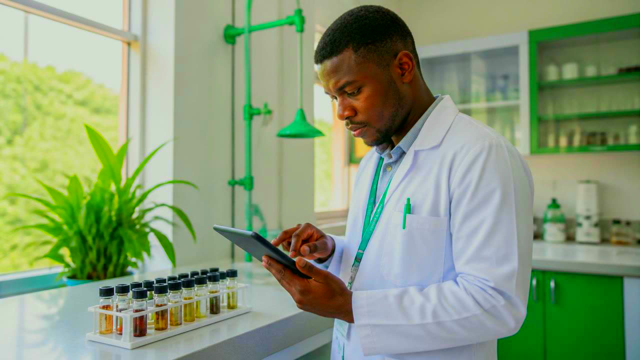 An analyst in a lab coat holding a sample vial above a printed manifest, a rack of vials on the bench