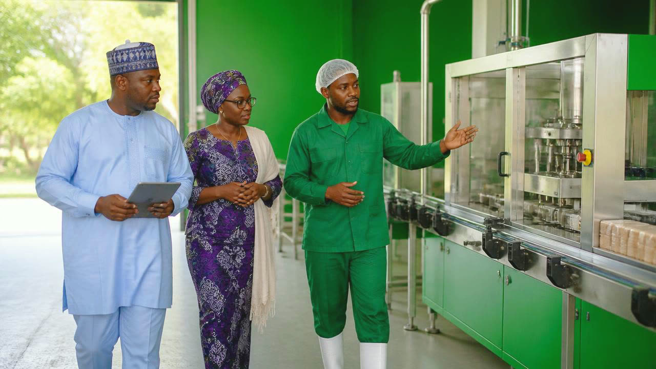 A production supervisor in a hairnet and coat walking a visitor along a packaging line, plain cartons moving on stainless steel rollers