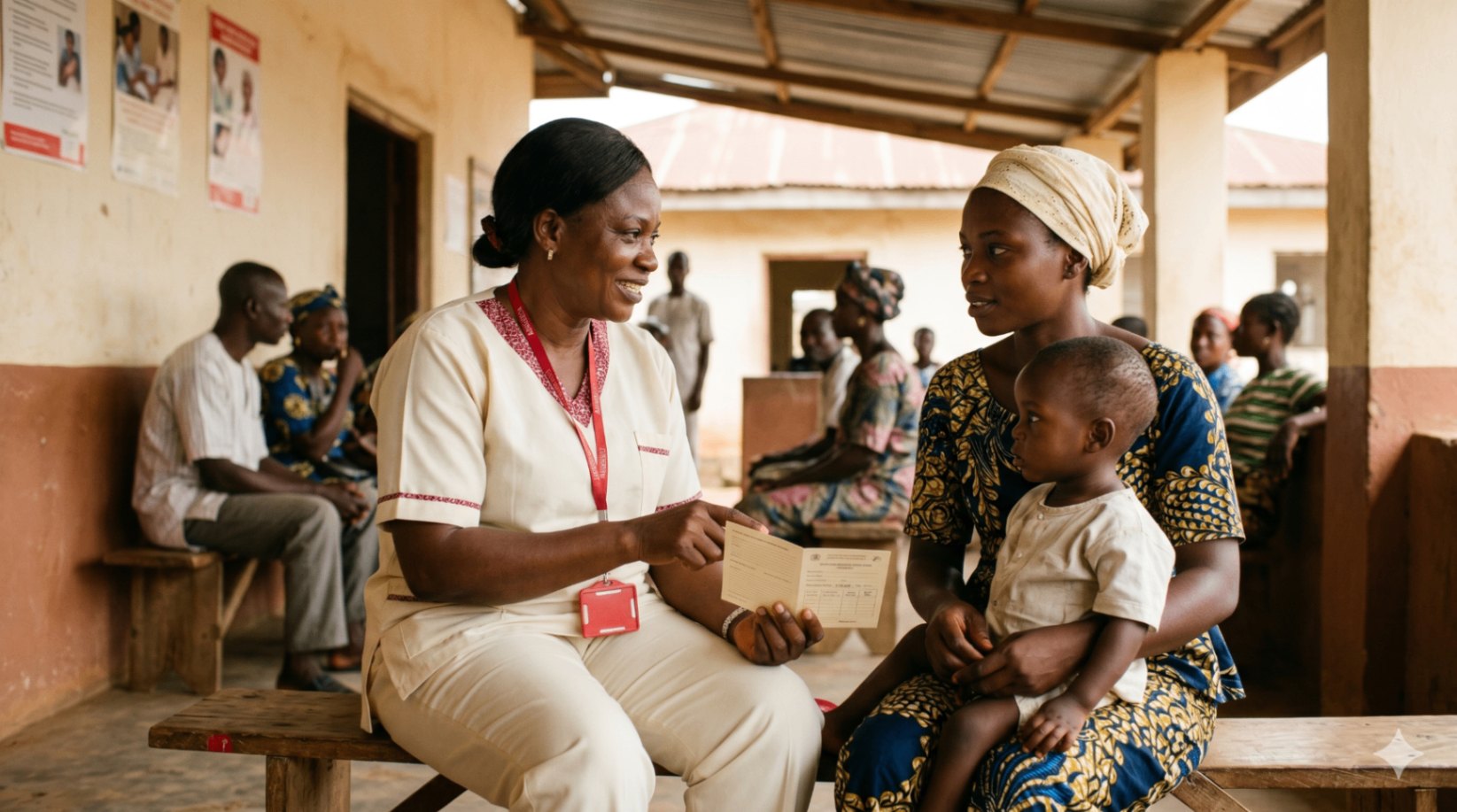 A community health worker counselling a mother holding a treatment card