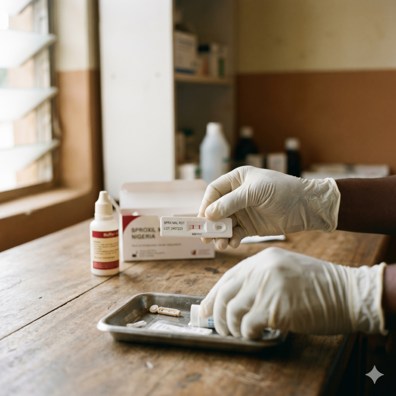 A rapid diagnostic test cassette being read at an outlet counter